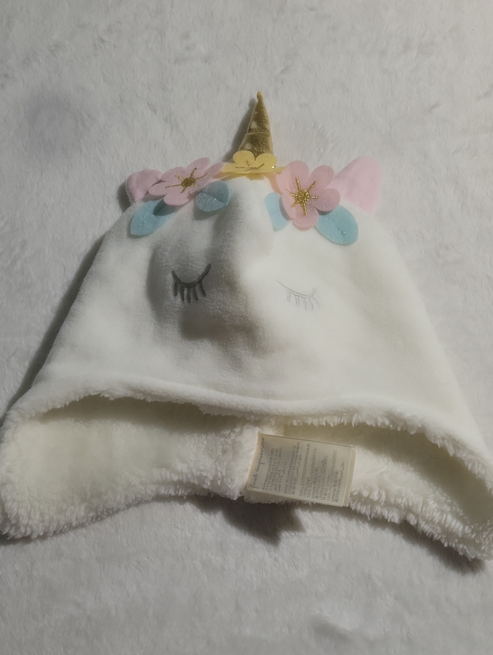 First Impressions White Unicorn Hat with Gold Horn and Pink & Blue Flowers
